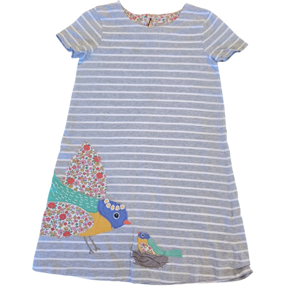 Mini Boden Girls Grey White Striped Floral‎ Trim Jersey Dress Size 9-10Y